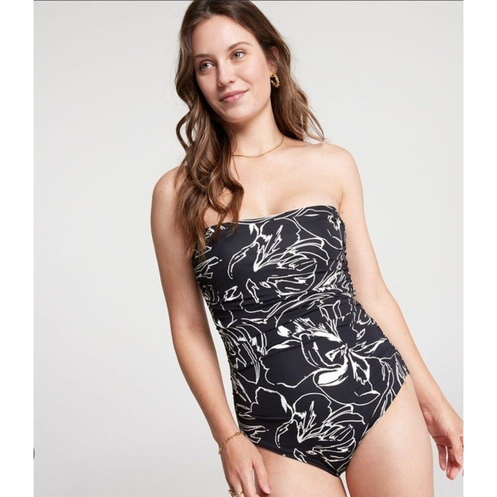 CALIA Women's Bandeau Black/white Floral Strokes One Piece Swimsuit Sz 8 New